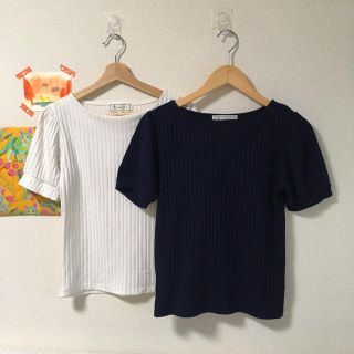 ロペピクニック(Rope' Picnic)の【ロペピクニック】パフスリーブ リブニット トップス ネイビー(カットソー(半袖/袖なし))