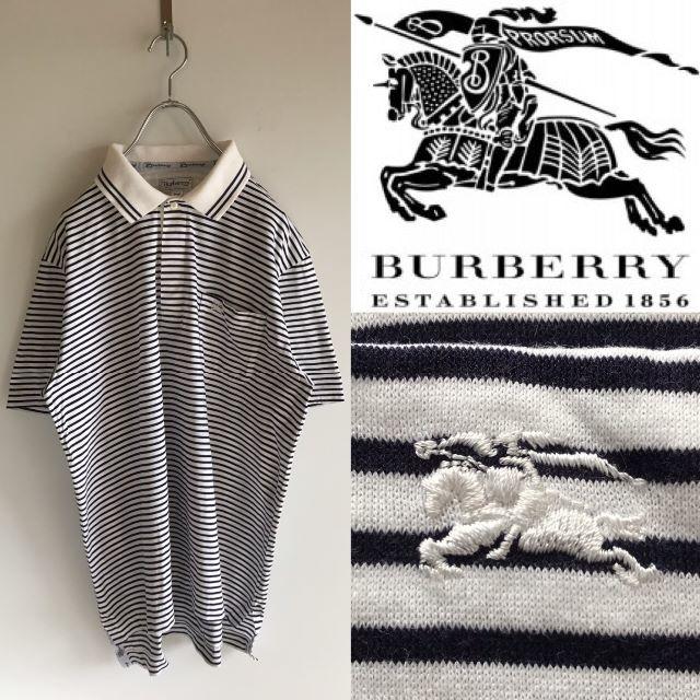 BURBERRY(バーバリー)の美品 オールドバーバリー ホースロゴ刺繍 ボーダーポロシャツ L メンズのトップス(ポロシャツ)の商品写真