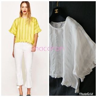 ザラ(ZARA)のセール☆ほぼ未使用ザラZARA人気リネン素材ドルマン風フリル トップス白JJ (カットソー(半袖/袖なし))