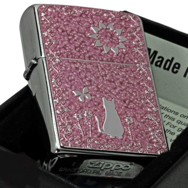 ZIPPO(ジッポー)のzippo ジッポーライター猫ネコ・細密メタルプレート 両面加工 ピンク メンズのファッション小物(タバコグッズ)の商品写真