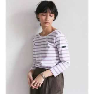 ルミノア(Le Minor)のLe minor【美品】☆値下げ☆ パープル バックVボーダーカットソー(カットソー(長袖/七分))