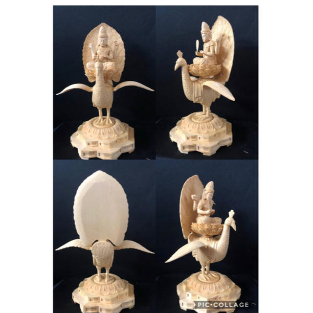 人気正規品】 仏教工芸品 檜木純手工精彫り 木彫仏像 孔雀明王像の通販
