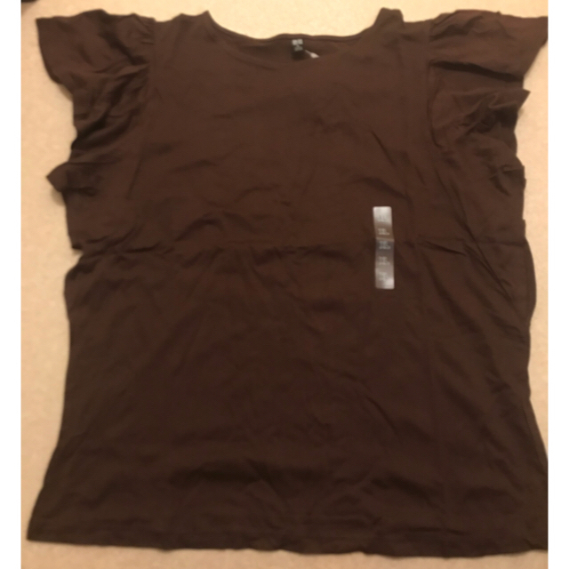 UNIQLO(ユニクロ)のUNIQLO フリル袖Tシャツ 茶色 レディースのトップス(Tシャツ(半袖/袖なし))の商品写真