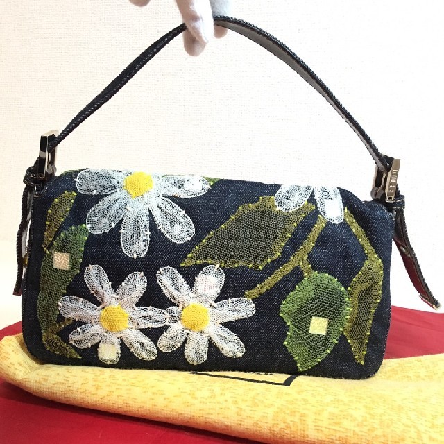 良品 フェンディ デニム 花柄 刺繍 バケット -