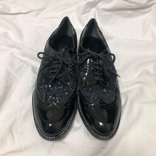 アナスイ(ANNA SUI)のアナスイ ドレスシューズ レースアップ ラメ エナメル スワロフキー 黒 コンビ(ローファー/革靴)