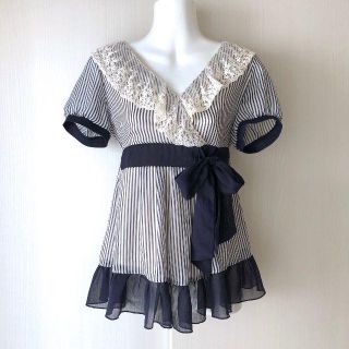 ロジータ(ROJITA)の値下げ！ROJITAネイビーシフォンチュニック　ストライプ【春夏物】(シャツ/ブラウス(半袖/袖なし))