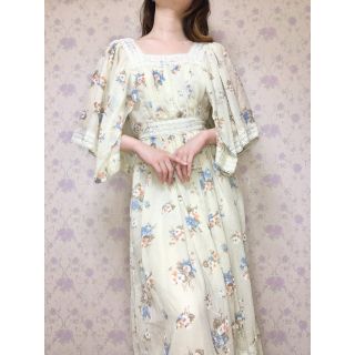 希少🎀袖がケープ風の綺麗な色合いの70s ヴィンテージマキシワンピース☆