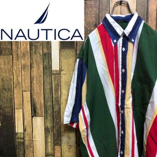 ノーティカ(NAUTICA)の【激レア】ノーティカ☆USA製刺繍ロゴ入り半袖マルチストライプシャツ 90s(シャツ)