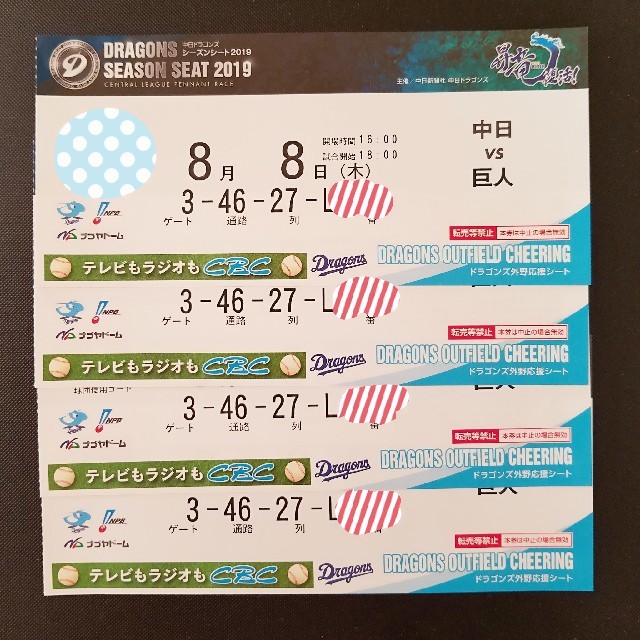 中日ドラゴンズ(チュウニチドラゴンズ)の中日 ＶＳ 巨人 ドラゴンズ外野応援シート チケットのスポーツ(野球)の商品写真