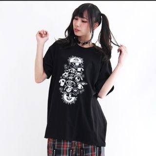 ファンキーフルーツ(FUNKY FRUIT)のdrug honey 
色んな「目」プリントビッグTシャツ  (黒)(Tシャツ(半袖/袖なし))