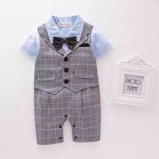 80cm♡男の子半袖スーツ服フォーマルロンパース グレーチェック(セレモニードレス/スーツ)