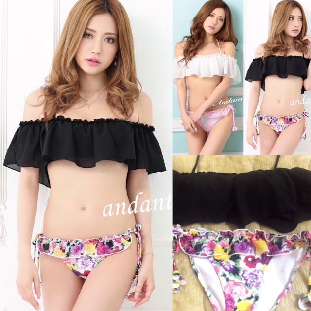 新品水着☆シフォンオフショル花柄ビキニ黒