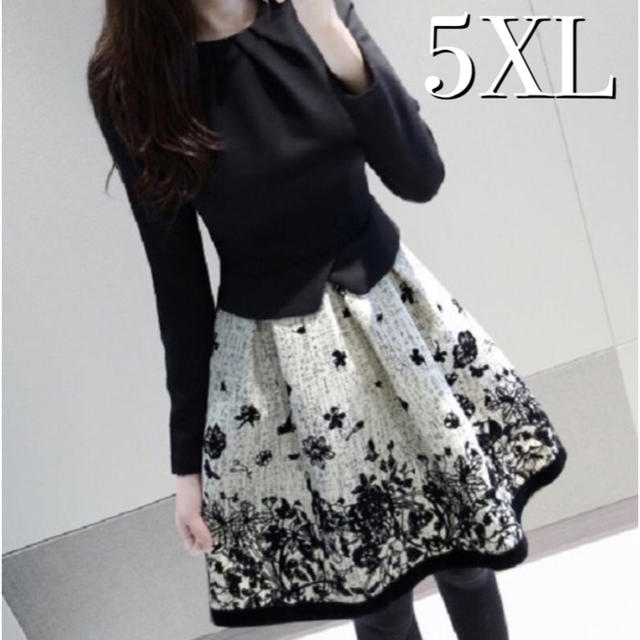 【5XL】フラワー柄 ワンピース ストレッチ ドレス 大きいサイズ 秋服 黒白 レディースのワンピース(ひざ丈ワンピース)の商品写真