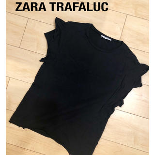 ザラ(ZARA)のZARA 袖フリル Tシャツ 黒 S 切りっぱなし素材 クルーネック レディース(Tシャツ(半袖/袖なし))