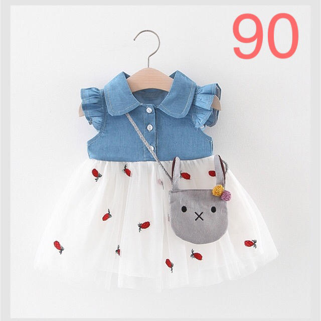 ベビーキッズ子供服 デニムレースチュールワンピース バッグ付き 80〜100cm キッズ/ベビー/マタニティのキッズ服女の子用(90cm~)(ワンピース)の商品写真