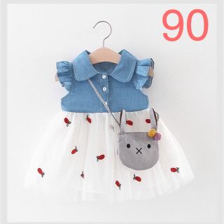 ベビーキッズ子供服 デニムレースチュールワンピース バッグ付き 80〜100cm(ワンピース)