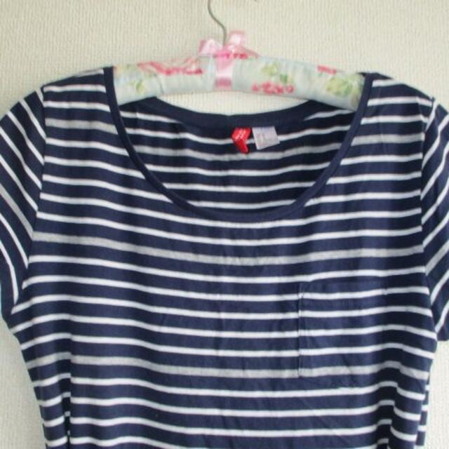 H&M(エイチアンドエム)のお尻隠れる💙Ｈ＆Ｍ ロングTシャツ ボーダーワンピース USED ネイビー  レディースのトップス(Tシャツ(半袖/袖なし))の商品写真