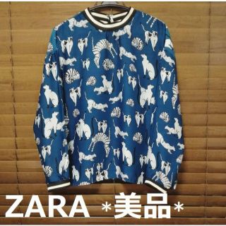 ザラ(ZARA)の【美品★完売品】 ザラ ネコ柄 プルオーバー トップス ブルー 猫柄 ＺＡＲＡ(Tシャツ(長袖/七分))