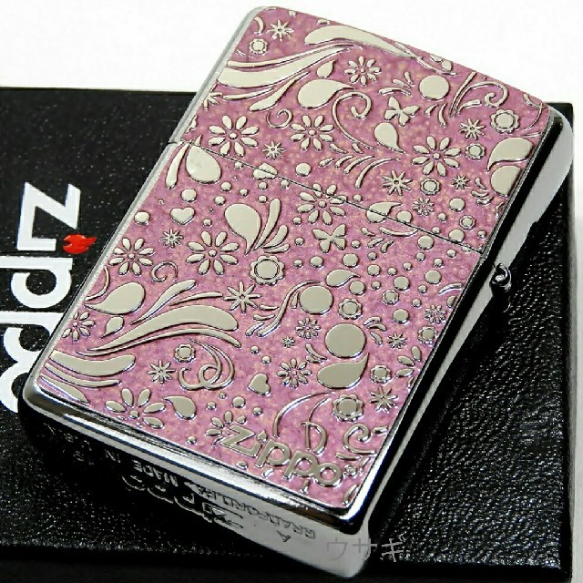 ZIPPO(ジッポー)の送料無料☆zippo☆両面加工☆キャット＆フラワーガーデン☆ピンク☆ジッポ メンズのファッション小物(タバコグッズ)の商品写真