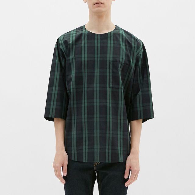 GU(ジーユー)の新品　L　ビッグプルオーバーシャツ(7分袖)(チェック)　ネイビー＋1枚　 メンズのトップス(シャツ)の商品写真