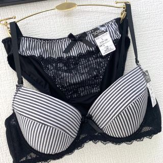 【新品】Cカップ☆黒ストライプ ブラショーセット♡女装サイズ C80L(ブラ&ショーツセット)