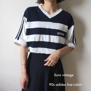 アディダス(adidas)の90s adidas ライン tシャツ 白 ネイビー 古着 レディース(Tシャツ(半袖/袖なし))