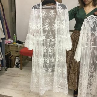 小花柄刺繍レースラッパ袖ロングカーディガン 白(カーディガン)