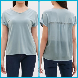 ジーユー(GU)のジーユー シフォン切り替えTシャツ ブルー L(Tシャツ(半袖/袖なし))