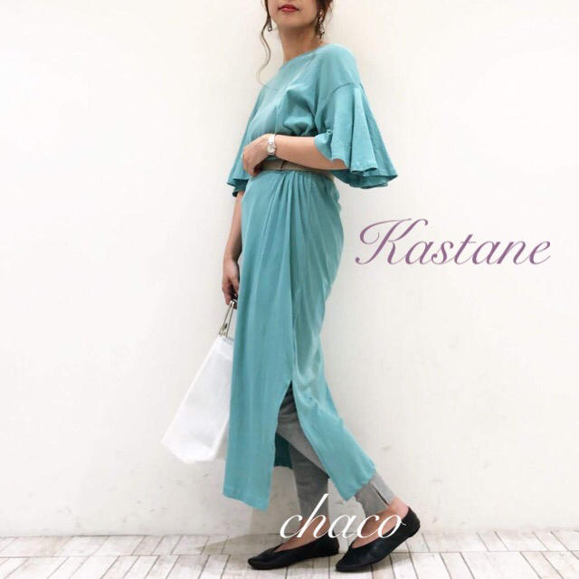 Kastane(カスタネ)の新品⁂¥7452【Kastane】ムジフレア袖ワンピース ロングワンピース レディースのワンピース(ロングワンピース/マキシワンピース)の商品写真