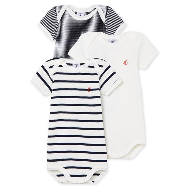 PETIT BATEAU(プチバトー)の【新品】プチバトー マリニエール&ミラレ半袖ボディ3枚組 キッズ/ベビー/マタニティのベビー服(~85cm)(肌着/下着)の商品写真