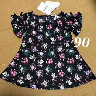 値下げ【新品】バースデイ ネイビー 花柄 フリル リボン 半袖 ワンピース 90(ワンピース)