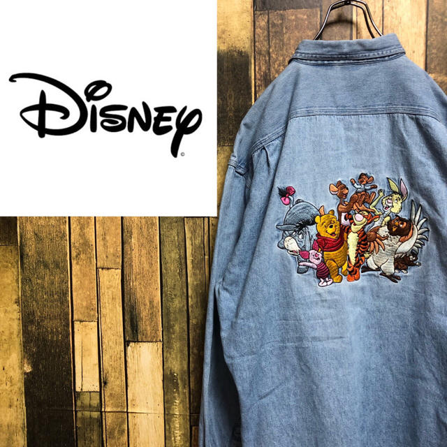 90s Disney 刺繍デニムシャツ ミッキー プルート ビッグサイズ