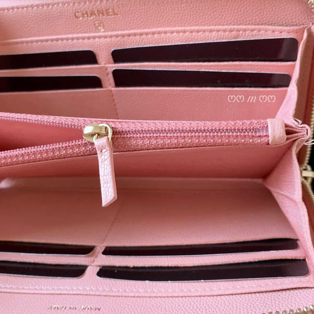 CHANEL 型押しカメリア 長財布 ピンクウォレット シャネル キャビアスキン財布