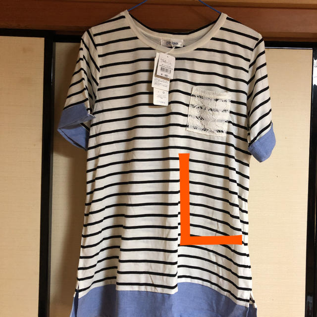 ボーダー Tシャツ レースポケット 袖、裾切替デザインＬサイズ(＊値下げ レディースのトップス(Tシャツ(半袖/袖なし))の商品写真