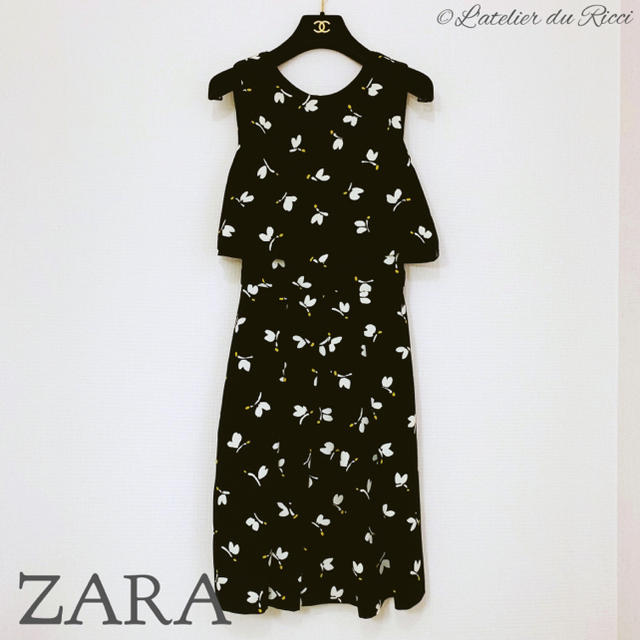 ZARA(ザラ)のZARA バタフライ柄 ノースリーブ セットアップ風 ワンピース XS レディースのワンピース(ひざ丈ワンピース)の商品写真