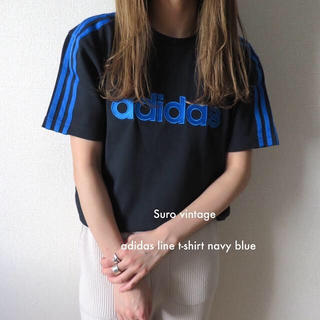 アディダス(adidas)の90s adidas 黒×青ライン Tシャツ ロゴ刺繍 vintage(Tシャツ(半袖/袖なし))