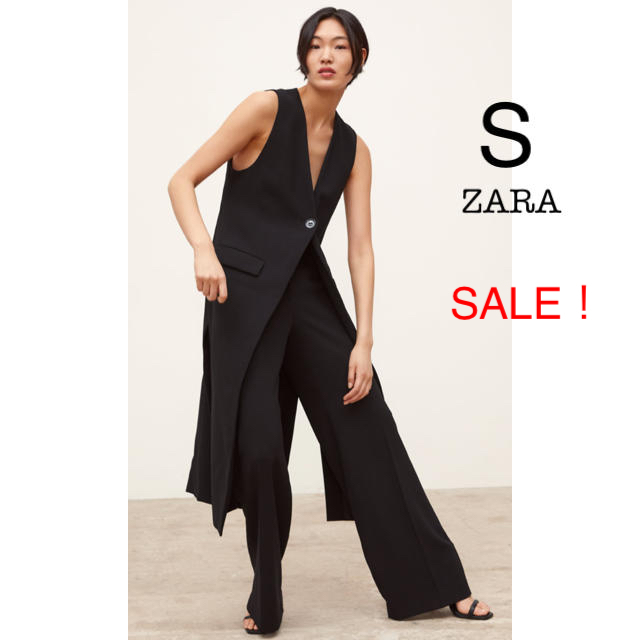 ZARA(ザラ)のSALE！新品未使用 ZARA 襟無し ロング ジレ ロングベスト 黒 S レディースのトップス(ベスト/ジレ)の商品写真