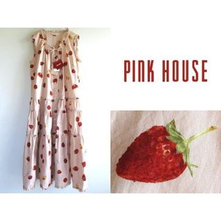 ピンクハウス(PINK HOUSE)の希少 新品タグ付 ピンクハウス いちご柄 段々 ティアードワンピース(ひざ丈ワンピース)