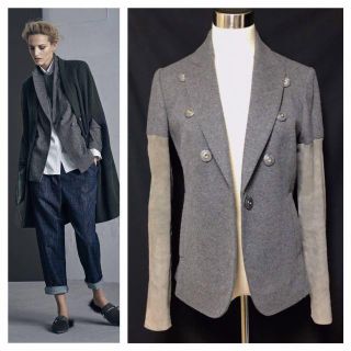 ブルネロクチネリ(BRUNELLO CUCINELLI)の本物 ブルネロ クチネリ ウール混 袖レザー切替 1B  Wボタンジャケット(テーラードジャケット)