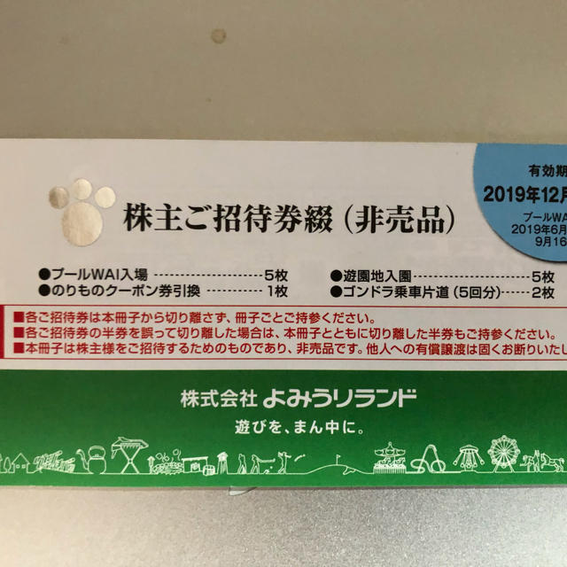 よみうりランド　プールWAI５枚・遊園地入園５枚乗り物クーポン付き株主優待