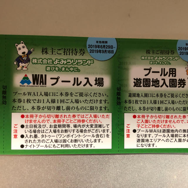 よみうりランド　プールWAI５枚・遊園地入園５枚乗り物クーポン付き株主優待