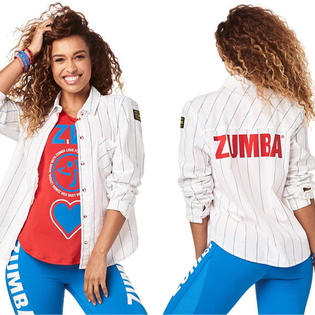 Zumba(ズンバ)のzumba シャツ 白 青 ストライプ 腰巻 ズンバウェア  レディースのトップス(シャツ/ブラウス(長袖/七分))の商品写真