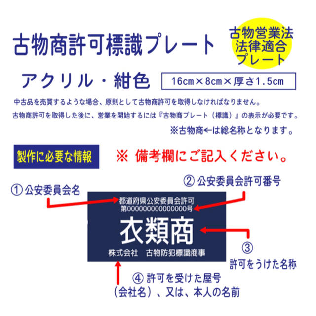 古物商プレート 【許可証】  標識 警察・公安委員会指定  2層板アクリル製彫刻 インテリア/住まい/日用品のインテリア/住まい/日用品 その他(その他)の商品写真