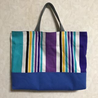 青系ストライプ レッスンバック ハンドメイド トートバッグ(バッグ/レッスンバッグ)