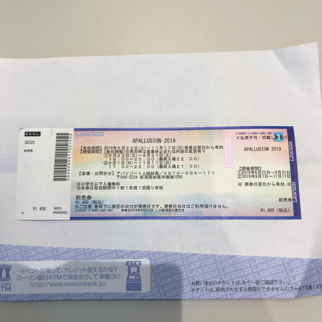 アパリゾート上越妙高/APALLUSION 2019 チケットの施設利用券(遊園地/テーマパーク)の商品写真