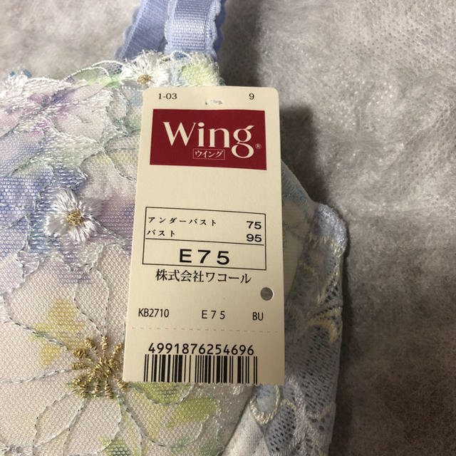 Wing(ウィング)のWacoal、Wing、後ろ姿きれい、ブラ、ブラジャー、下着、E75、水色、花 レディースの下着/アンダーウェア(ブラ)の商品写真