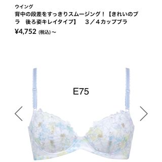 ウィング(Wing)のWacoal、Wing、後ろ姿きれい、ブラ、ブラジャー、下着、E75、水色、花(ブラ)