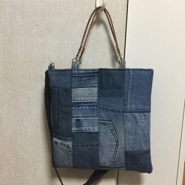 デニムリメイク2wayバッグ（マチなし） ハンドメイドのファッション小物(バッグ)の商品写真