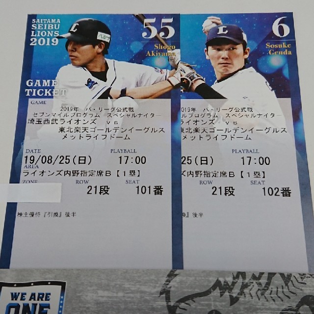 8月25日 日曜日 西武 対 1塁内野指定席B 通路側 2枚連番のセットの通販 ...