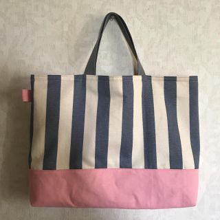 グレーストライプ×ピンク レッスンバック ハンドメイド トートバッグ(バッグ/レッスンバッグ)